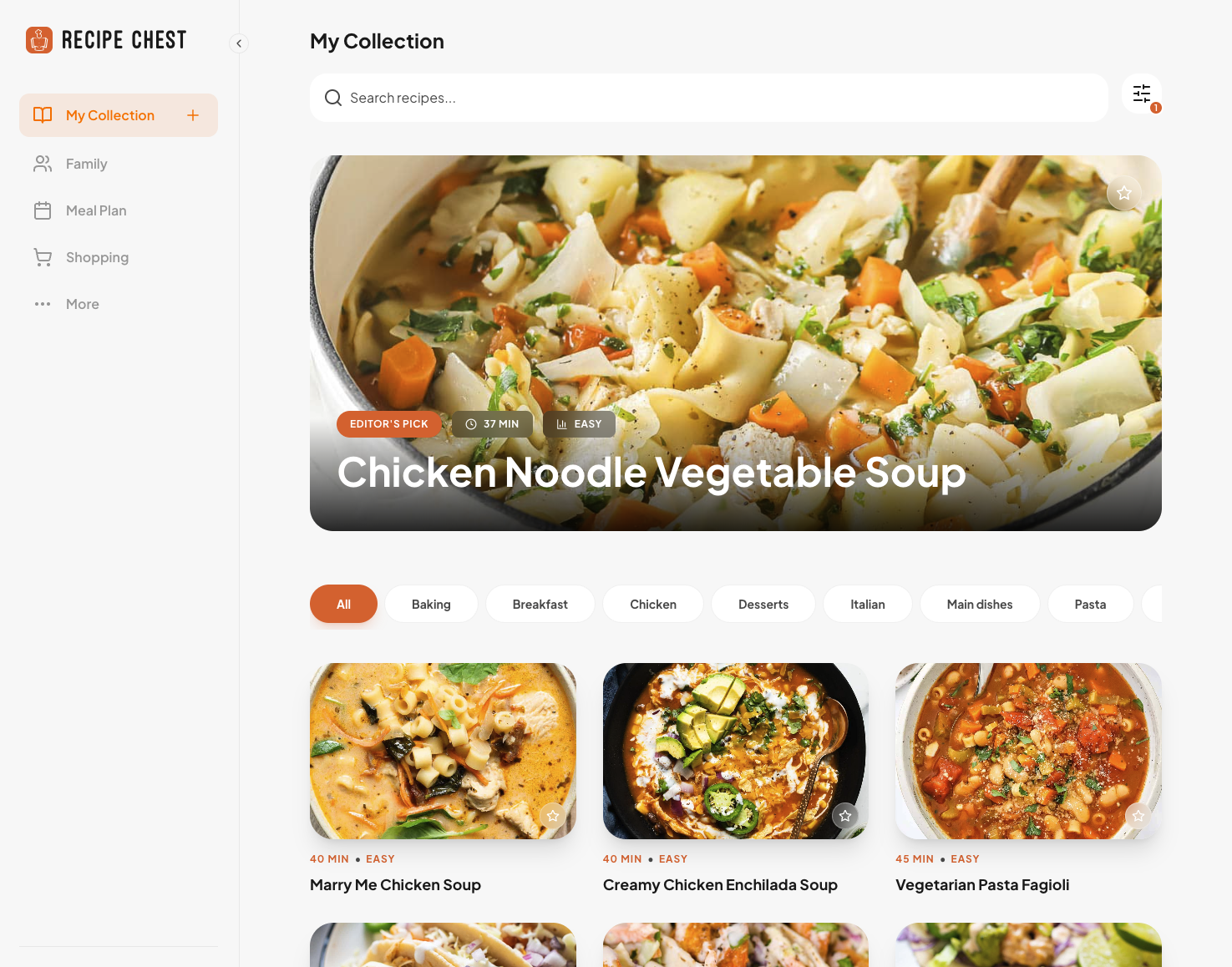 Recipe Chest desktop app showing the My Collection view with recipes and categories